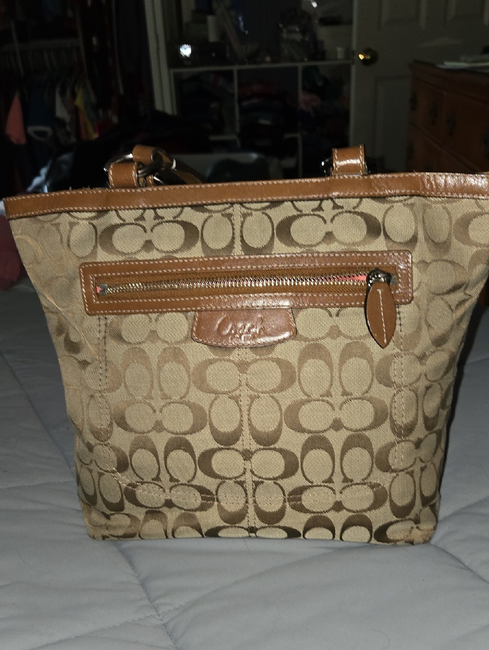 Coach Tan Signature Jacquard Tote with Saddle Leather Trim